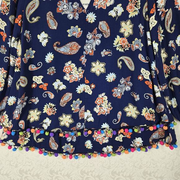 Entro Pom Pom Tunic Top sz L Blue Multicolor Paisley Floral Layered Boho Fairy - Picture 4 of 16